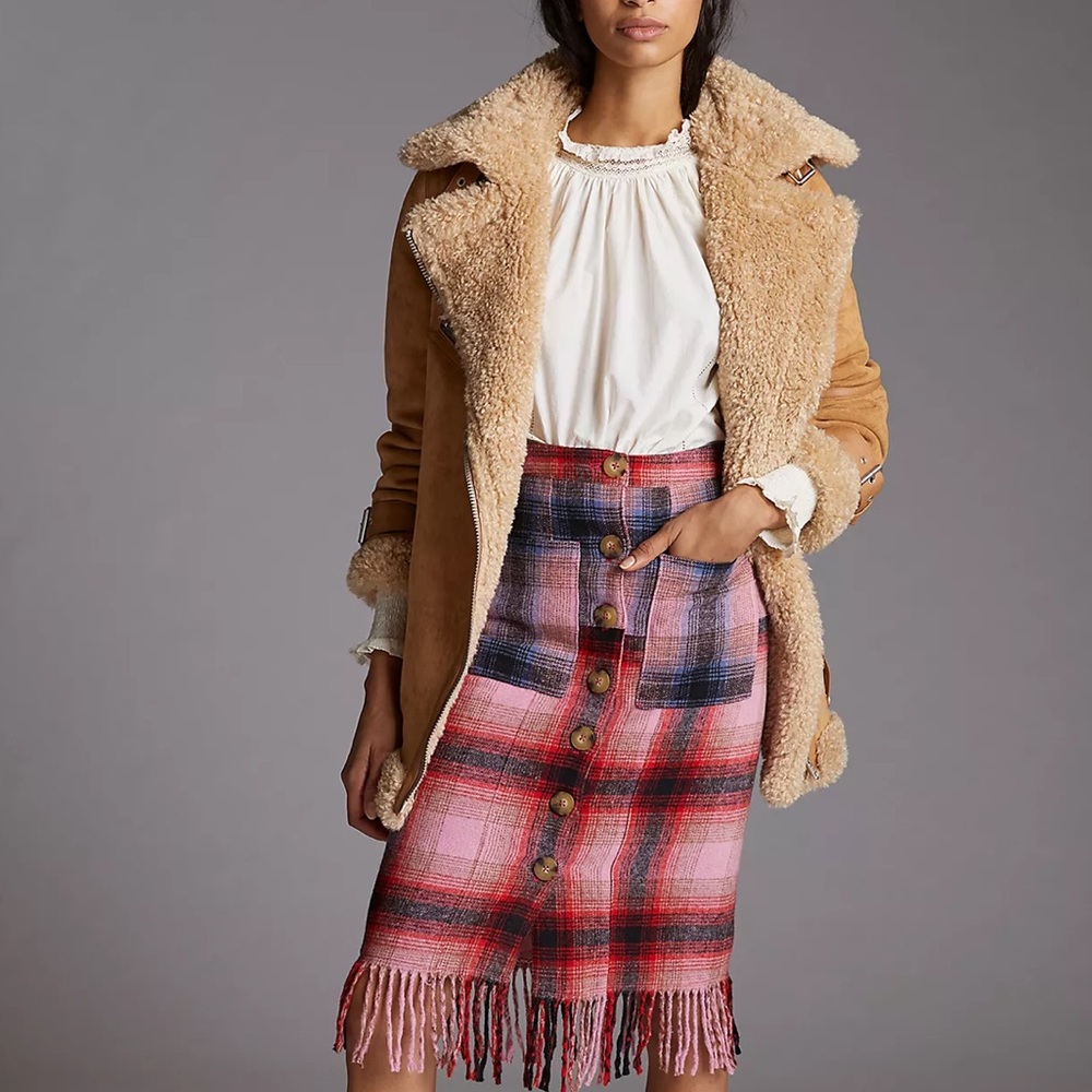 NWT Maeve Plaid Pink Skirt with Fringe Hem